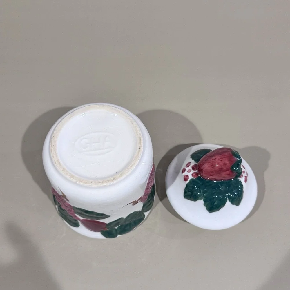 Vintage GHA‎ Small Kitchen Canister W Lid & Seal Grapes Strawberries Pattern